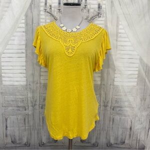 NEW Ralph Lauren Size Petite Lace Trim Top Solid Mustard Yellow Linen Blend